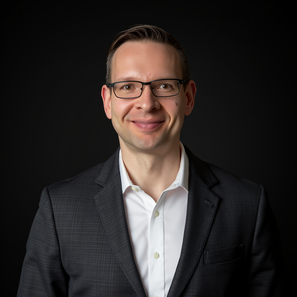 Toby Saalfeld wearing glasses and a dark jacket against a dark background.