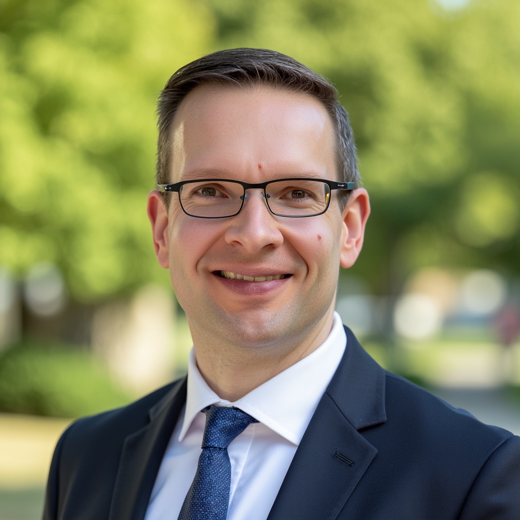Toby Saalfeld in a jacket and tie outdoors in a park.